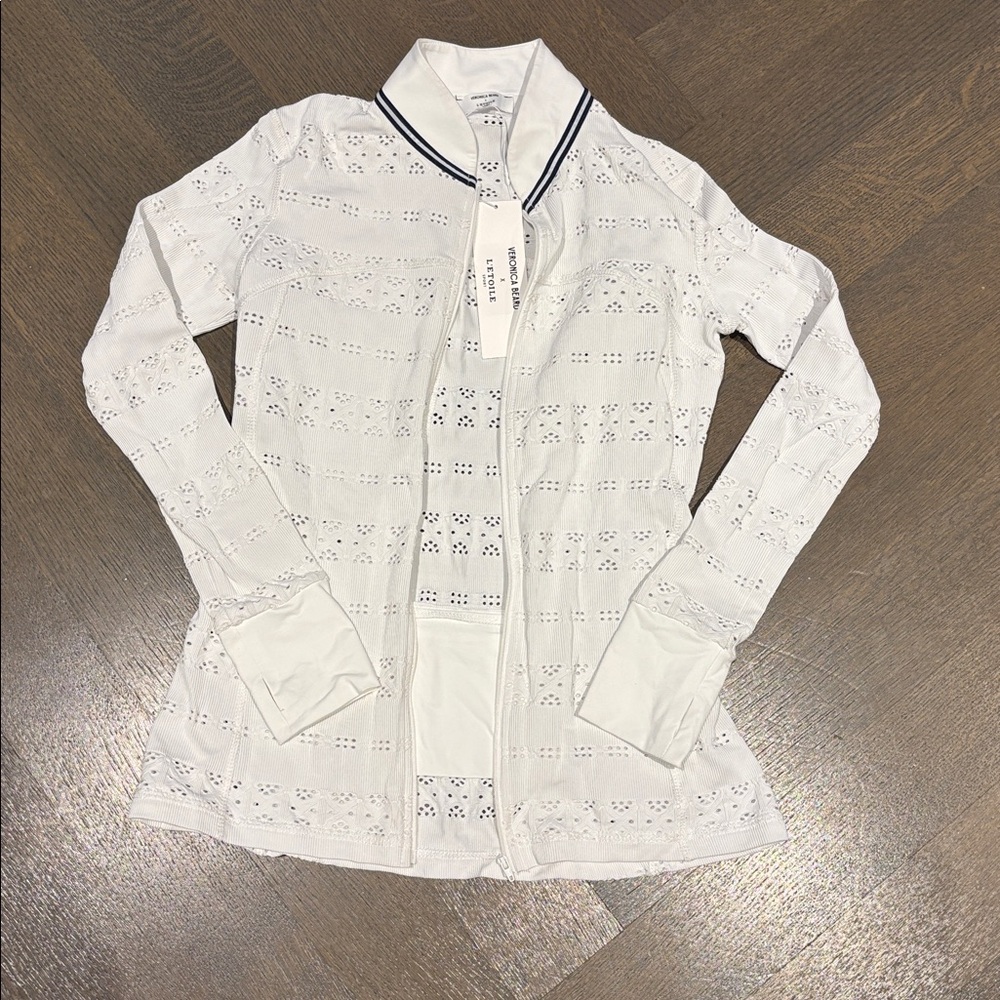Veronica Beard White zip front eyelet jacket.